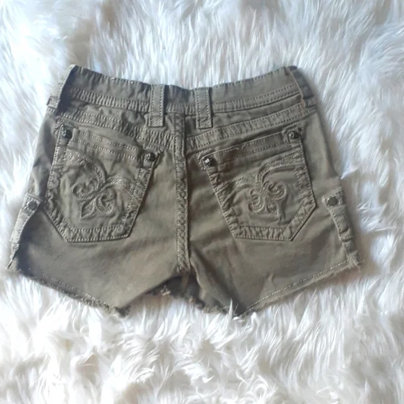 Rock Revival Distressed Olive Green Denim Shorts Size 27